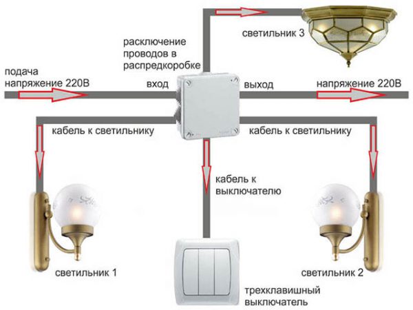 Схема подключения трехклавишного выключателя