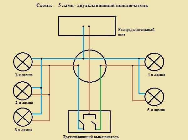 Подключение люстры с пятью лампами