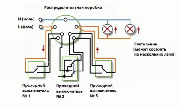 Схема подключения трех проходных выключателей