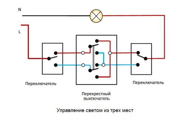 Схема подключения проходных и перекрестного выключателей