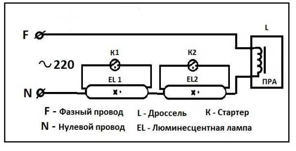Схема последовательного подключения люминесцентных ламп