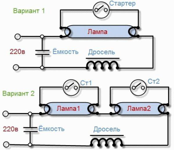 Принципиальная схема включения люминесцентных ламп