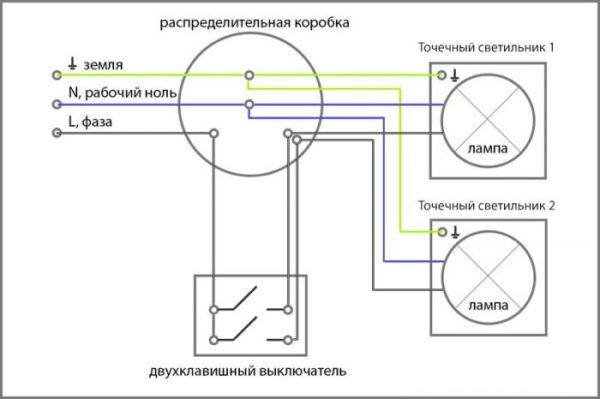 Подключение светильника с двухлавишным выключателем