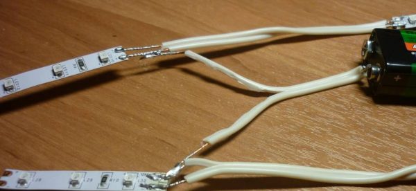 Подсоединение батарейки к светодиодной ленте с помощью пайки