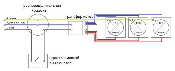 Лучевое подключение точечных светильников к сети 220в через трансформатор