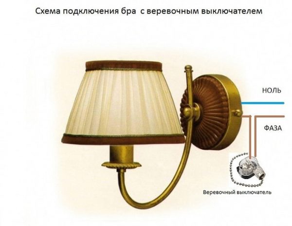 Схема подключения бра с веревочным выключателем