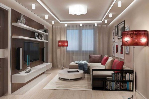 Сочетание люстры и точечных LED-светильников в гостиной