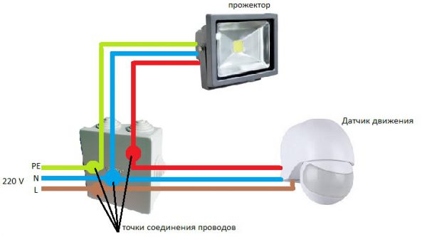 Подключение светодиодного прожетора с датчиком движения