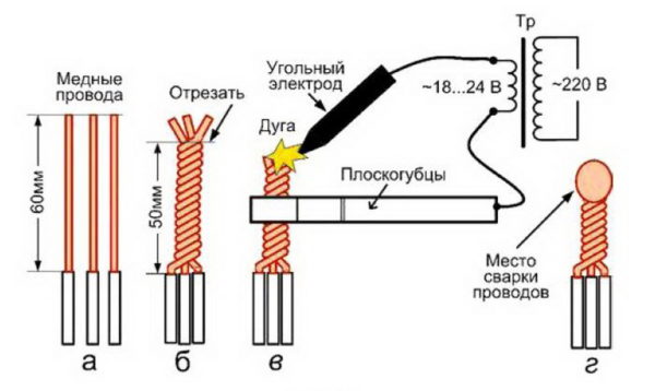Сварка проводов угольным электродом